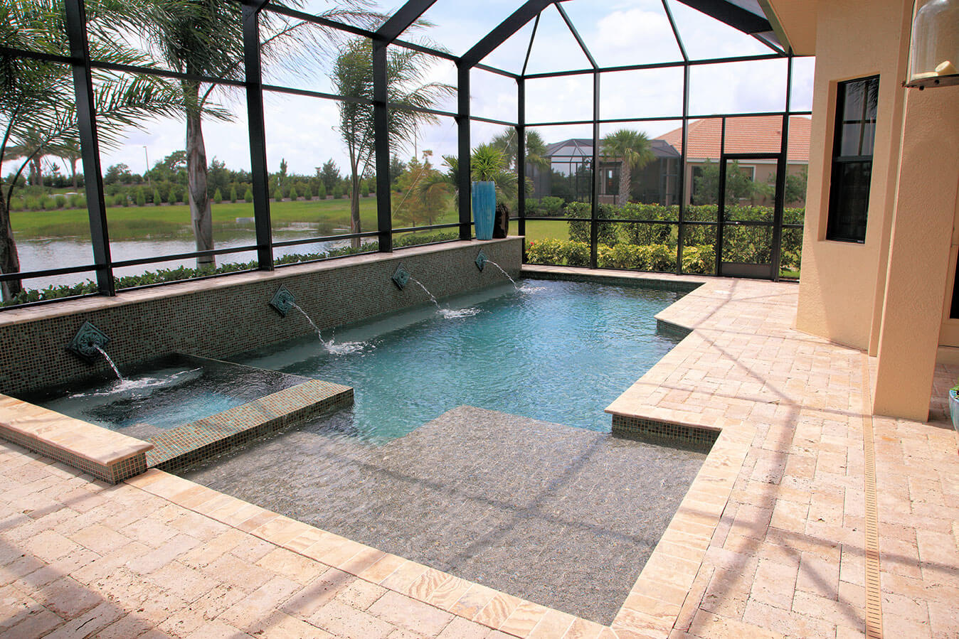 Residential Pool with Spa and Fountain Water Feature